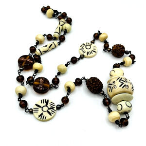 Vintage Carved Bovine Bone Beaded Necklace Glass and Natural Elements Ethnic 27"